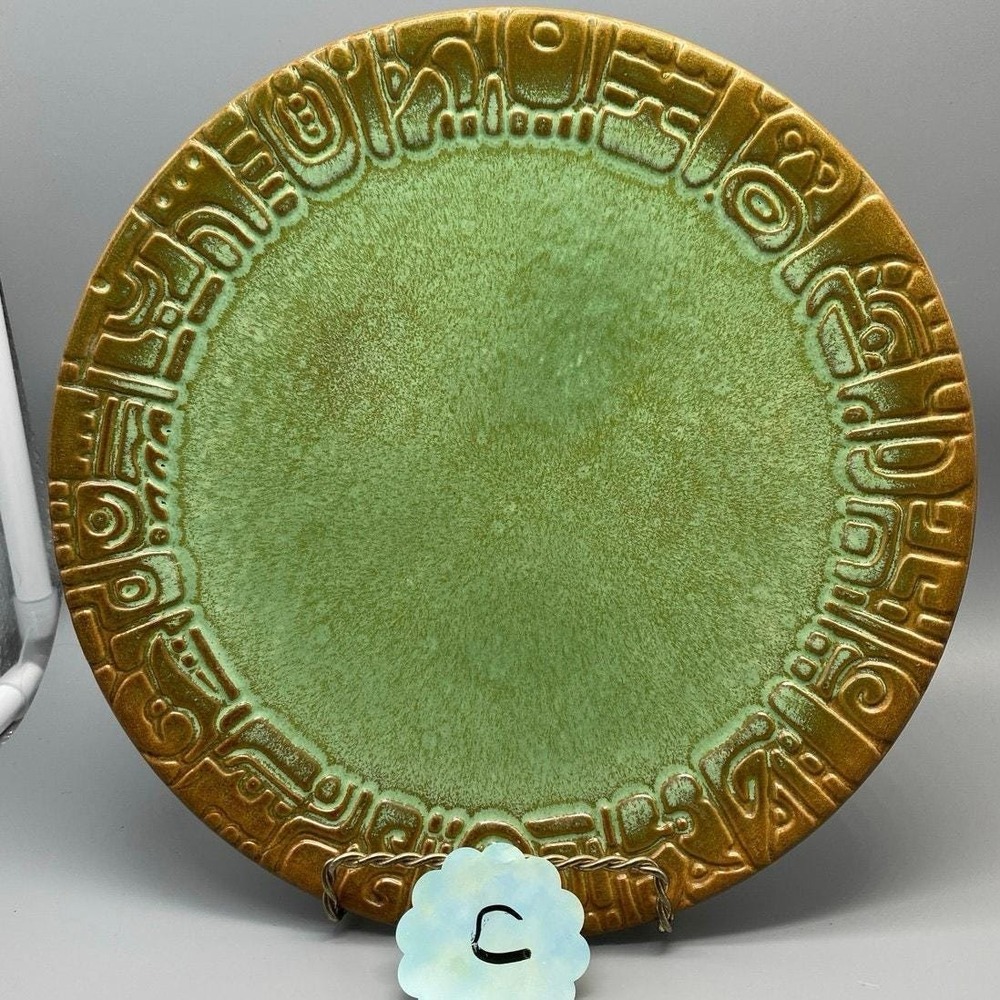Vtg Mayan Aztec Frankoma Dinner plate Rutile Glaze Prairie Green Each‎ Unique